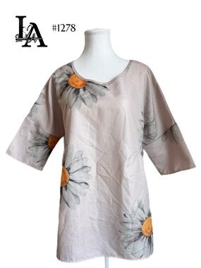 LA Floral Print Women's Tunic Top - Beige with Yellow Accents | Sunflower | Fall